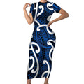 Aotearoa Maori Kowhaiwhai Short Sleeve Bodycon Dress Kikorangi Puhoro and Patiki