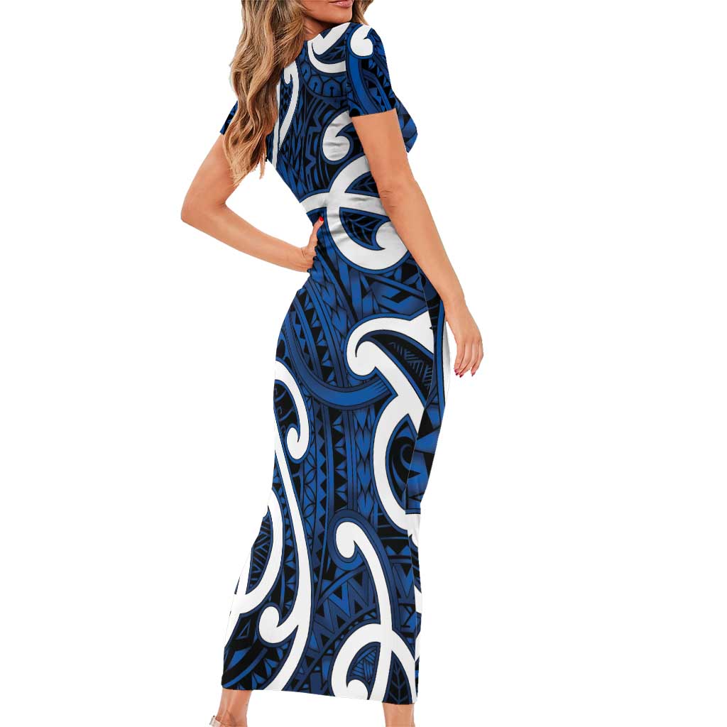 Aotearoa Maori Kowhaiwhai Short Sleeve Bodycon Dress Kikorangi Puhoro and Patiki