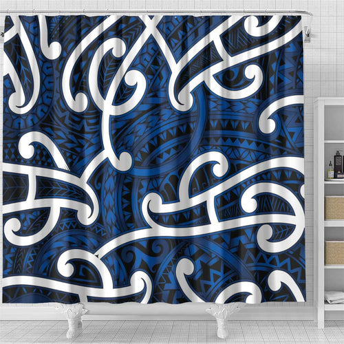 Aotearoa Maori Kowhaiwhai Shower Curtain Kikorangi Puhoro and Patiki