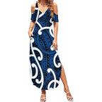 Aotearoa Maori Kowhaiwhai Summer Maxi Dress Kikorangi Puhoro and Patiki