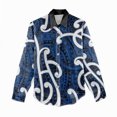 Aotearoa Maori Kowhaiwhai Women Casual Shirt Kikorangi Puhoro and Patiki