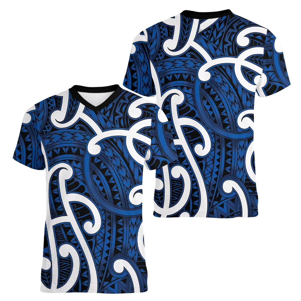 Aotearoa Maori Kowhaiwhai Women V-Neck T-Shirt Kikorangi Puhoro and Patiki