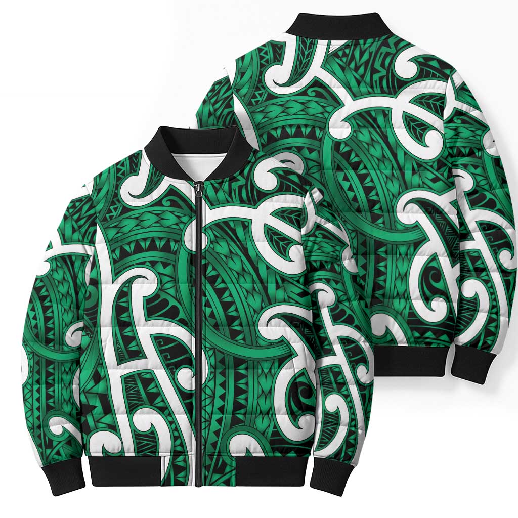 Aotearoa Maori Kowhaiwhai Bomber Puffer Jacket Kakariki Puhoro and Patiki