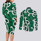 Aotearoa Maori Kowhaiwhai Couples Matching Long Sleeve Bodycon Dress and Long Sleeve Button Shirt Kakariki Puhoro and Patiki