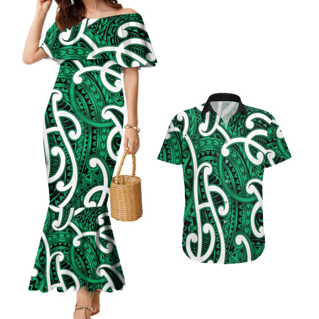 Aotearoa Maori Kowhaiwhai Couples Matching Mermaid Dress and Hawaiian Shirt Kakariki Puhoro and Patiki