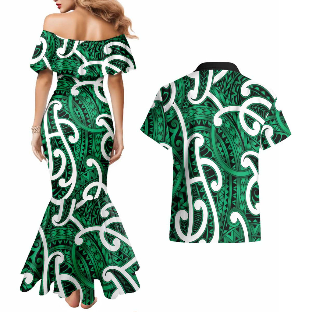 Aotearoa Maori Kowhaiwhai Couples Matching Mermaid Dress and Hawaiian Shirt Kakariki Puhoro and Patiki