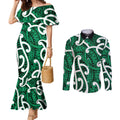 Aotearoa Maori Kowhaiwhai Couples Matching Mermaid Dress and Long Sleeve Button Shirt Kakariki Puhoro and Patiki
