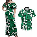 Aotearoa Maori Kowhaiwhai Couples Matching Off Shoulder Maxi Dress and Hawaiian Shirt Kakariki Puhoro and Patiki