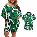 Aotearoa Maori Kowhaiwhai Couples Matching Off Shoulder Short Dress and Hawaiian Shirt Kakariki Puhoro and Patiki