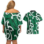 Aotearoa Maori Kowhaiwhai Couples Matching Off Shoulder Short Dress and Hawaiian Shirt Kakariki Puhoro and Patiki