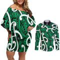 Aotearoa Maori Kowhaiwhai Couples Matching Off Shoulder Short Dress and Long Sleeve Button Shirt Kakariki Puhoro and Patiki