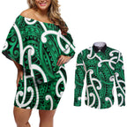 Aotearoa Maori Kowhaiwhai Couples Matching Off Shoulder Short Dress and Long Sleeve Button Shirt Kakariki Puhoro and Patiki