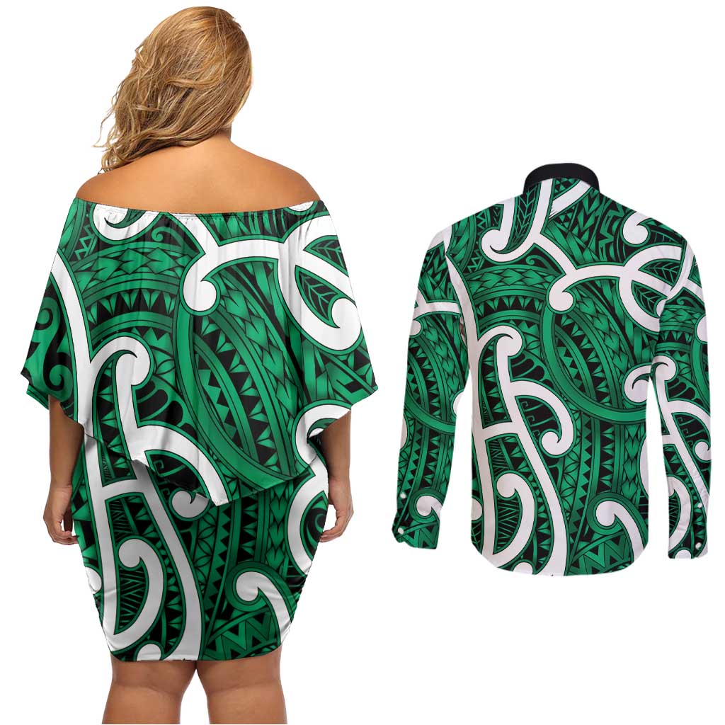 Aotearoa Maori Kowhaiwhai Couples Matching Off Shoulder Short Dress and Long Sleeve Button Shirt Kakariki Puhoro and Patiki