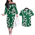 Aotearoa Maori Kowhaiwhai Couples Matching Off The Shoulder Long Sleeve Dress and Hawaiian Shirt Kakariki Puhoro and Patiki
