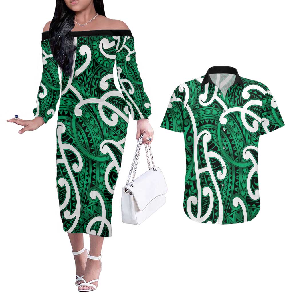 Aotearoa Maori Kowhaiwhai Couples Matching Off The Shoulder Long Sleeve Dress and Hawaiian Shirt Kakariki Puhoro and Patiki