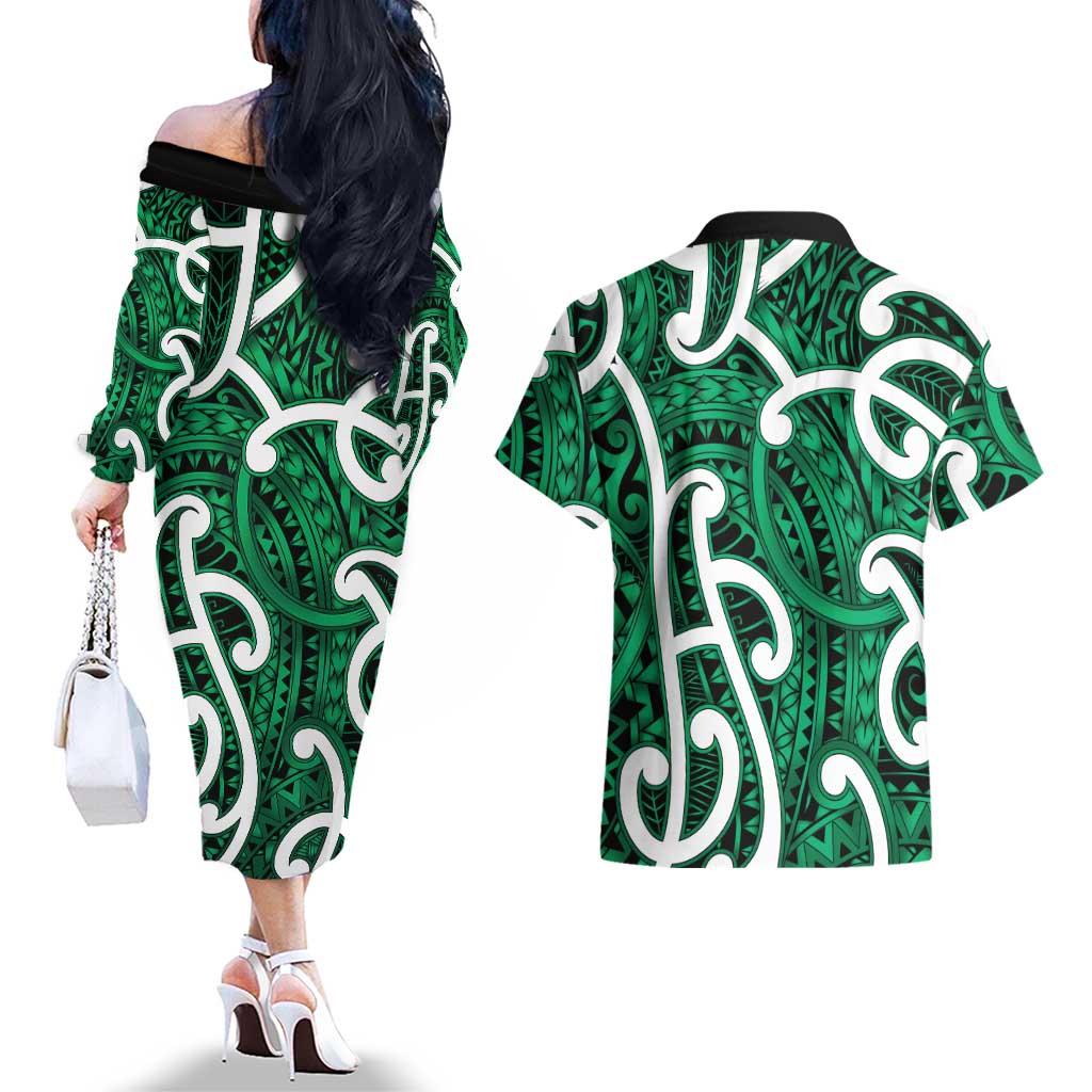 Aotearoa Maori Kowhaiwhai Couples Matching Off The Shoulder Long Sleeve Dress and Hawaiian Shirt Kakariki Puhoro and Patiki