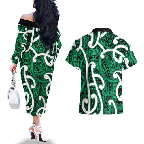 Aotearoa Maori Kowhaiwhai Couples Matching Off The Shoulder Long Sleeve Dress and Hawaiian Shirt Kakariki Puhoro and Patiki