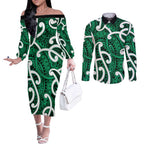 Aotearoa Maori Kowhaiwhai Couples Matching Off The Shoulder Long Sleeve Dress and Long Sleeve Button Shirt Kakariki Puhoro and Patiki