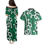 Aotearoa Maori Kowhaiwhai Couples Matching Puletasi and Hawaiian Shirt Kakariki Puhoro and Patiki