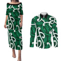 Aotearoa Maori Kowhaiwhai Couples Matching Puletasi and Long Sleeve Button Shirt Kakariki Puhoro and Patiki