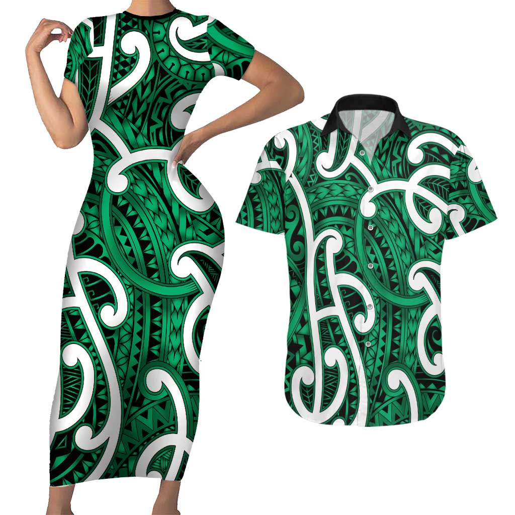 Aotearoa Maori Kowhaiwhai Couples Matching Short Sleeve Bodycon Dress and Hawaiian Shirt Kakariki Puhoro and Patiki
