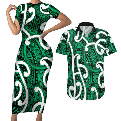 Aotearoa Maori Kowhaiwhai Couples Matching Short Sleeve Bodycon Dress and Hawaiian Shirt Kakariki Puhoro and Patiki