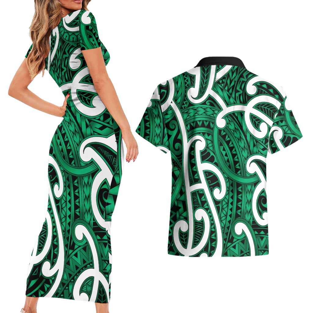 Aotearoa Maori Kowhaiwhai Couples Matching Short Sleeve Bodycon Dress and Hawaiian Shirt Kakariki Puhoro and Patiki