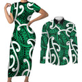 Aotearoa Maori Kowhaiwhai Couples Matching Short Sleeve Bodycon Dress and Long Sleeve Button Shirt Kakariki Puhoro and Patiki