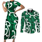 Aotearoa Maori Kowhaiwhai Couples Matching Short Sleeve Bodycon Dress and Long Sleeve Button Shirt Kakariki Puhoro and Patiki