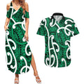 Aotearoa Maori Kowhaiwhai Couples Matching Summer Maxi Dress and Hawaiian Shirt Kakariki Puhoro and Patiki