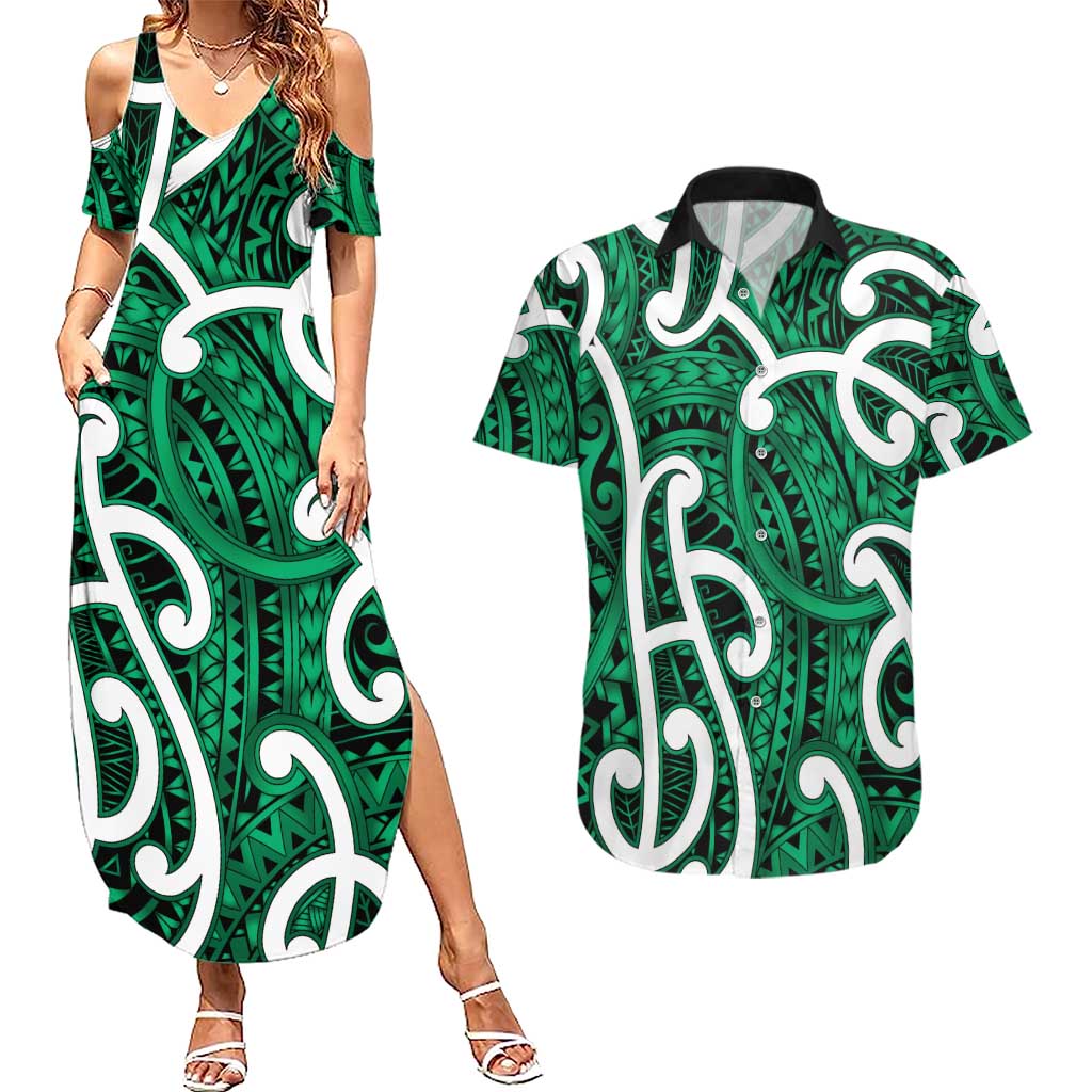 Aotearoa Maori Kowhaiwhai Couples Matching Summer Maxi Dress and Hawaiian Shirt Kakariki Puhoro and Patiki