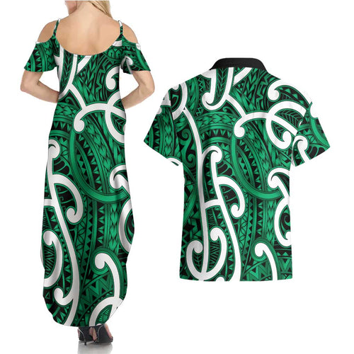 Aotearoa Maori Kowhaiwhai Couples Matching Summer Maxi Dress and Hawaiian Shirt Kakariki Puhoro and Patiki