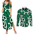 Aotearoa Maori Kowhaiwhai Couples Matching Summer Maxi Dress and Long Sleeve Button Shirt Kakariki Puhoro and Patiki