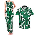 Aotearoa Maori Kowhaiwhai Couples Matching Tank Maxi Dress and Hawaiian Shirt Kakariki Puhoro and Patiki