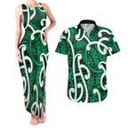 Aotearoa Maori Kowhaiwhai Couples Matching Tank Maxi Dress and Hawaiian Shirt Kakariki Puhoro and Patiki