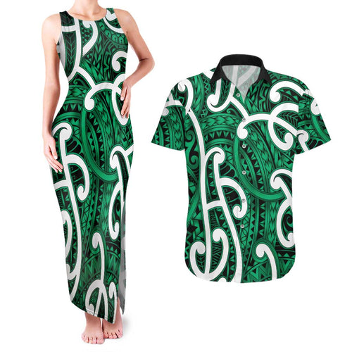 Aotearoa Maori Kowhaiwhai Couples Matching Tank Maxi Dress and Hawaiian Shirt Kakariki Puhoro and Patiki
