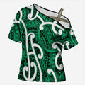 Aotearoa Maori Kowhaiwhai Cross Shoulder Shirt Kakariki Puhoro and Patiki