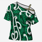 Aotearoa Maori Kowhaiwhai Cross Shoulder Shirt Kakariki Puhoro and Patiki