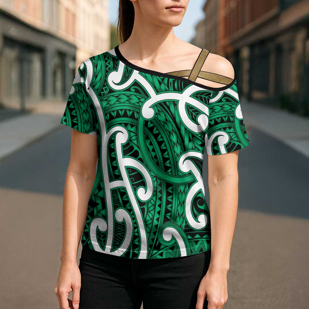 Aotearoa Maori Kowhaiwhai Cross Shoulder Shirt Kakariki Puhoro and Patiki