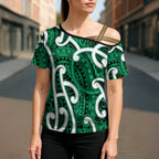 Aotearoa Maori Kowhaiwhai Cross Shoulder Shirt Kakariki Puhoro and Patiki