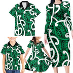 Aotearoa Maori Kowhaiwhai Family Matching Long Sleeve Bodycon Dress and Hawaiian Shirt Kakariki Puhoro and Patiki