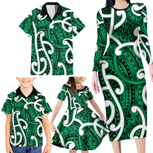 Aotearoa Maori Kowhaiwhai Family Matching Long Sleeve Bodycon Dress and Hawaiian Shirt Kakariki Puhoro and Patiki