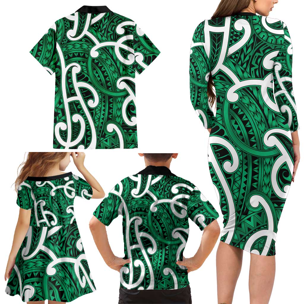 Aotearoa Maori Kowhaiwhai Family Matching Long Sleeve Bodycon Dress and Hawaiian Shirt Kakariki Puhoro and Patiki