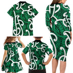Aotearoa Maori Kowhaiwhai Family Matching Long Sleeve Bodycon Dress and Hawaiian Shirt Kakariki Puhoro and Patiki