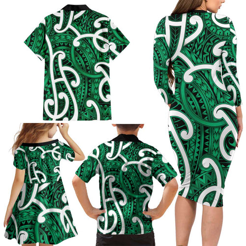 Aotearoa Maori Kowhaiwhai Family Matching Long Sleeve Bodycon Dress and Hawaiian Shirt Kakariki Puhoro and Patiki
