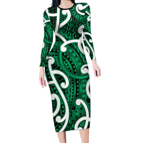 Aotearoa Maori Kowhaiwhai Family Matching Long Sleeve Bodycon Dress and Hawaiian Shirt Kakariki Puhoro and Patiki