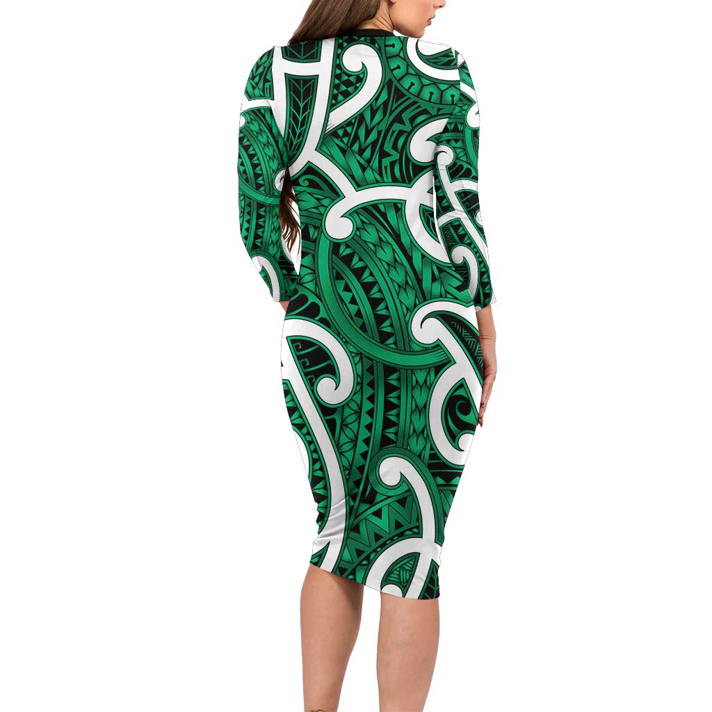 Aotearoa Maori Kowhaiwhai Family Matching Long Sleeve Bodycon Dress and Hawaiian Shirt Kakariki Puhoro and Patiki