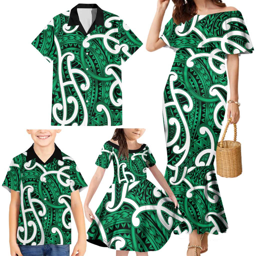 Aotearoa Maori Kowhaiwhai Family Matching Mermaid Dress and Hawaiian Shirt Kakariki Puhoro and Patiki