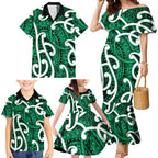 Aotearoa Maori Kowhaiwhai Family Matching Mermaid Dress and Hawaiian Shirt Kakariki Puhoro and Patiki