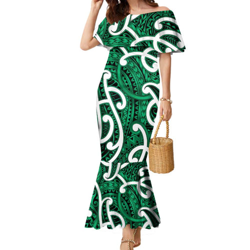 Aotearoa Maori Kowhaiwhai Family Matching Mermaid Dress and Hawaiian Shirt Kakariki Puhoro and Patiki